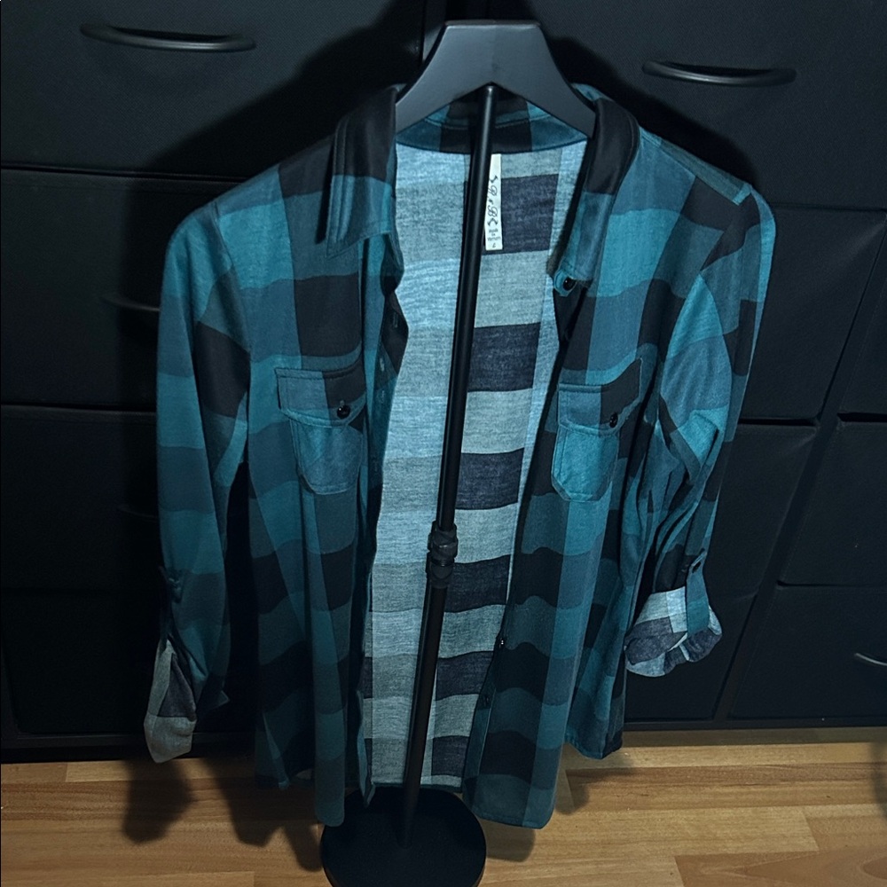 Women's Teal and Black Plaid Shirt Jacket